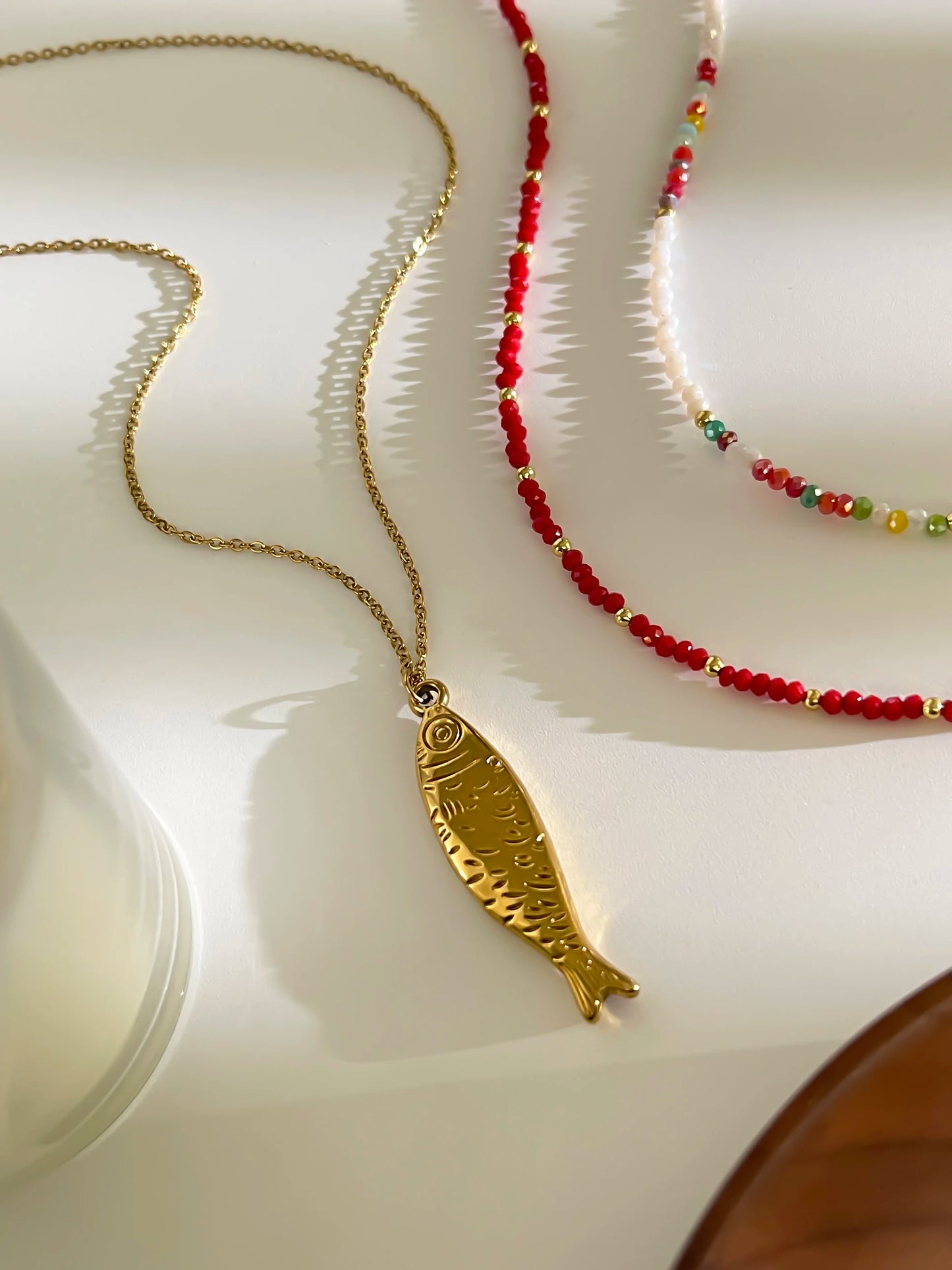 Peri'sbox Boho Colorful Acrylic Beaded Chain for Women 18K Gold Plated Solid Fish Pendant Necklace Waterproof Stackable Jewelry