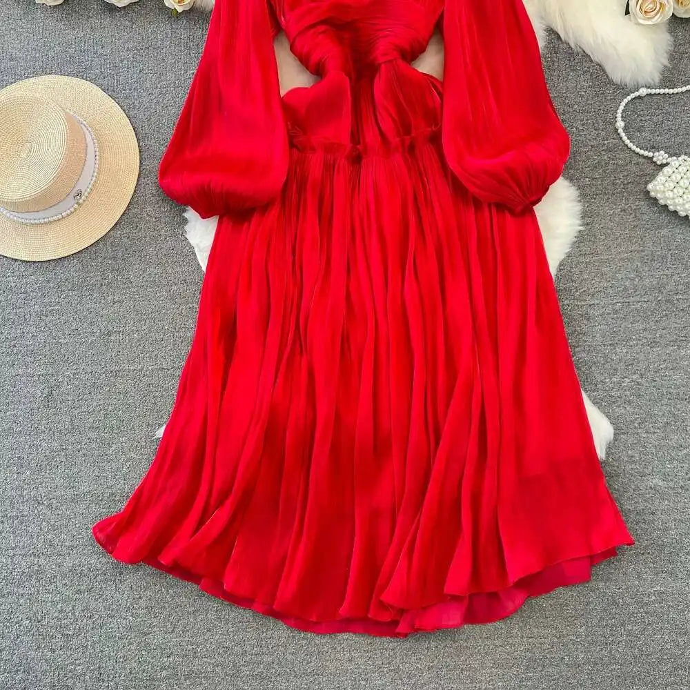 Elegant Long Sleeve Midi Party Dresses Women Summer Autumn Bright Faux Silk Retro Solid Evening Party Vestidos