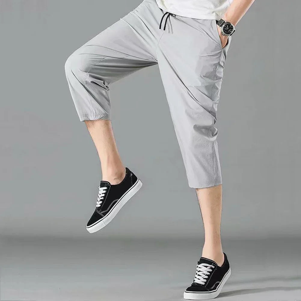 2025 New Summer Men's Ice Silk Pants Hong Kong Style Trendy Loose-Fit Straight-Leg Cropped Pants Korean Version Casual Pants