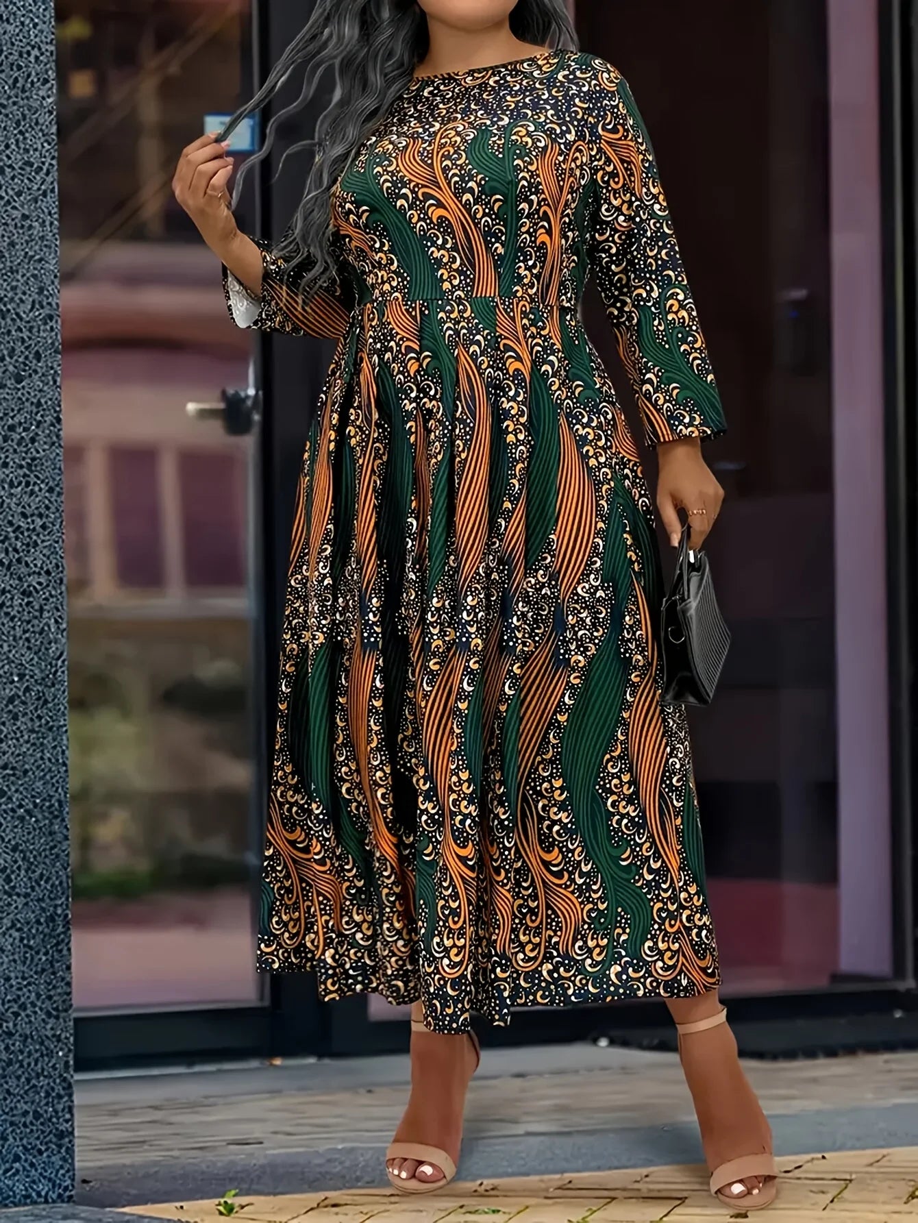 Plus size dress 1XL-5XL African tribal nationality printed large round neck long sleeve A-line skirt elegant fashion holiday