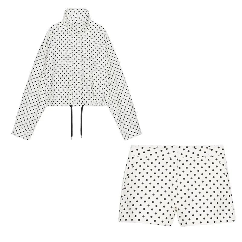 Polka Dot Print Shorts Coats Suits Women Loose High Neck Long Sleeves Zipper Drawstring Sets Female 2025 Autumn New Chic Set