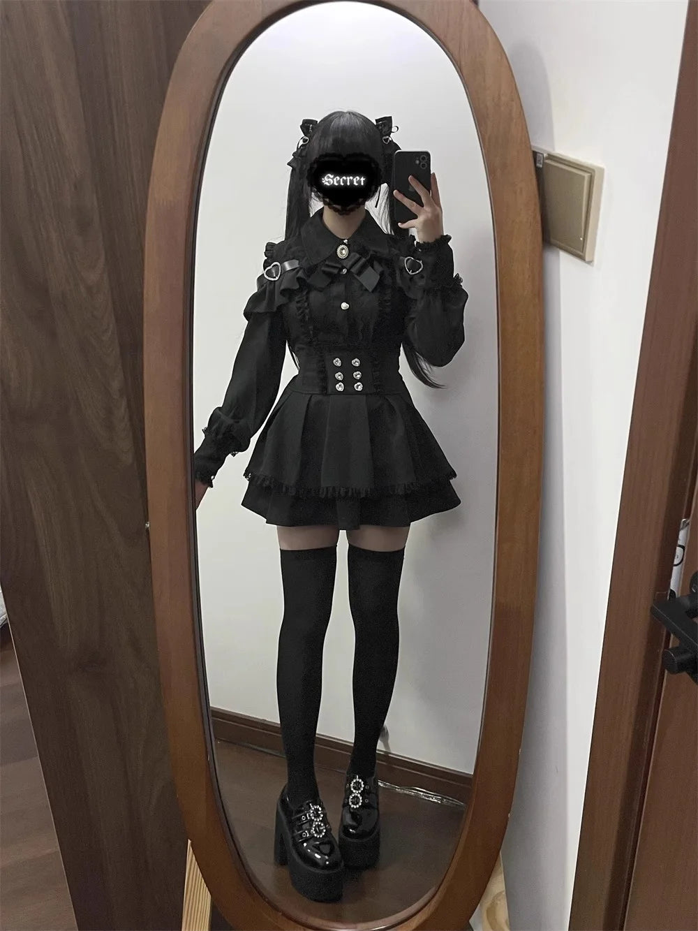Kawaii Off Shoulder Long Sleeve Shirts Women Black Short Skirt Set Y2K Gothic Ruffle Skirts Lace Lolita Shirt Gown Suit 