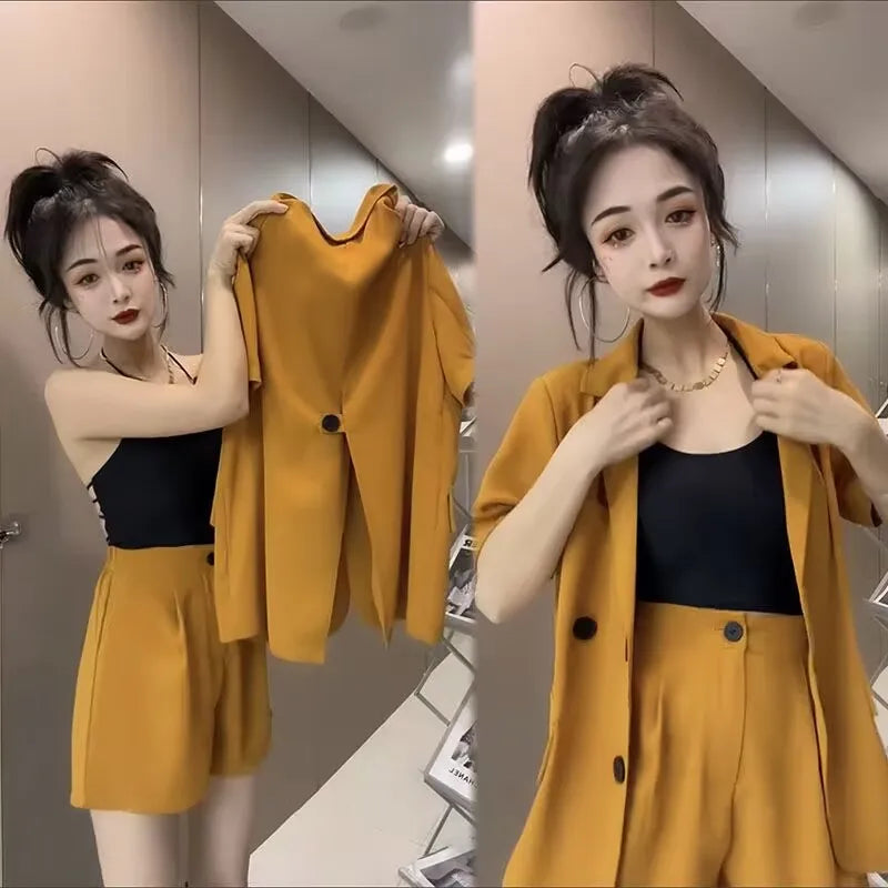 2-Piece Set of Jacket with Shorts for Women, Casual Suit, Age-Reducing, Best Street Set, Korean Version, Summer, 2025