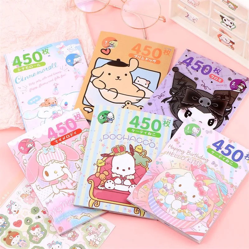 450Pcs/Book Sanrio Stickers Melody Cartoon Kuromi Hello Kitty Cinnamoroll Hand Acount Decorative Sticker Girls Gift Kids Toys
