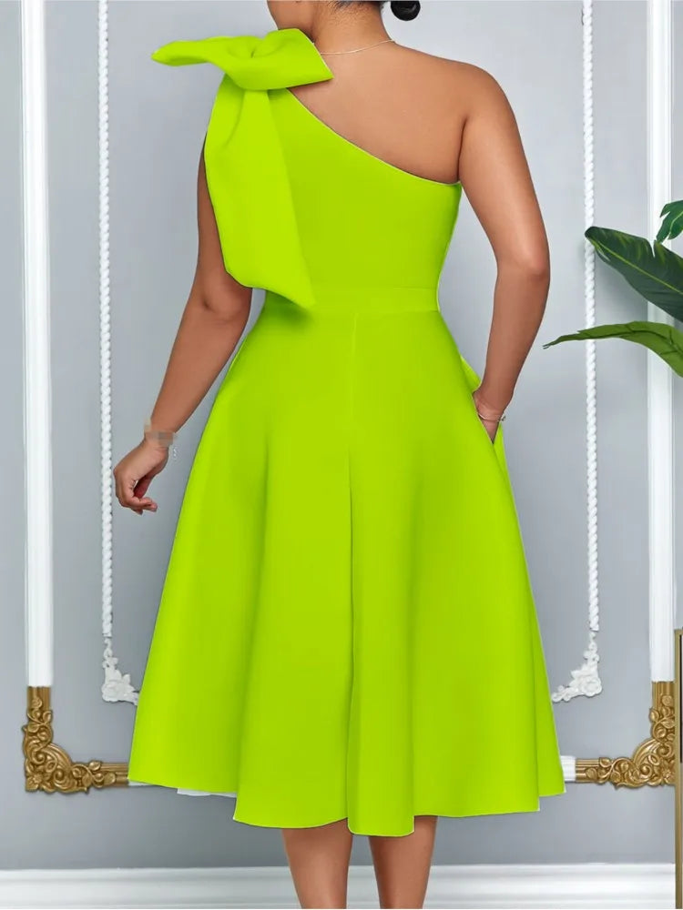 French One Shoulder A Line Pleated Birthday Party Dresses Women Bow Sleeveless Belt Large Skirt Elegant Women's Party Dress