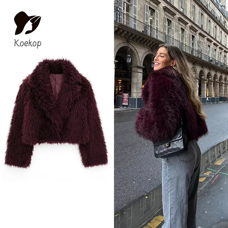 Koekop Women's Fashion Burgundy Asymmetric Thick Collar Fur Coat Vintage Casual Chic Temperament Lady Short Jacket