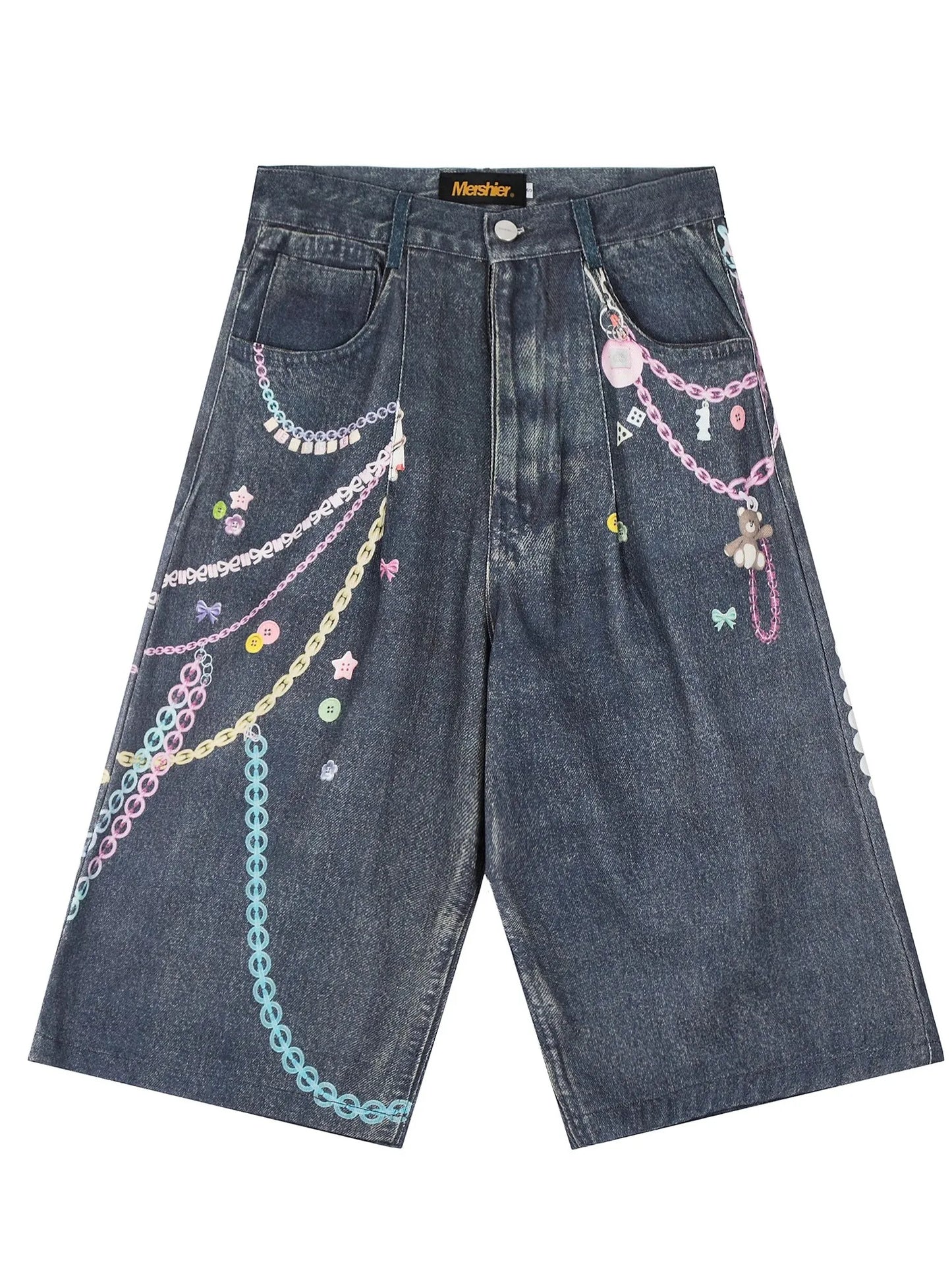 Chain Print Blue Jeans orts Men's Summer Loose Straight Leg Seven-Foot Pants Casual High Waist Corduroy Youth Faion