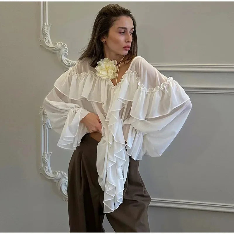 Talenza White Chiffon Shirt Women's Summer V-Neck Sexy See Through Shirt Beach Blouse Fashion Ruffle Patchwork Female Blouse Top