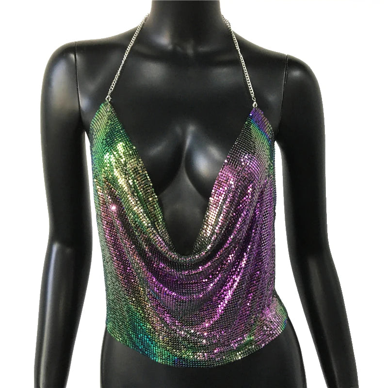Festival Brilliant Rhinestone Backless Party Crop Top Women 2022 Summer Glitter Evening V Neck Diamonds Metal Tank Tops