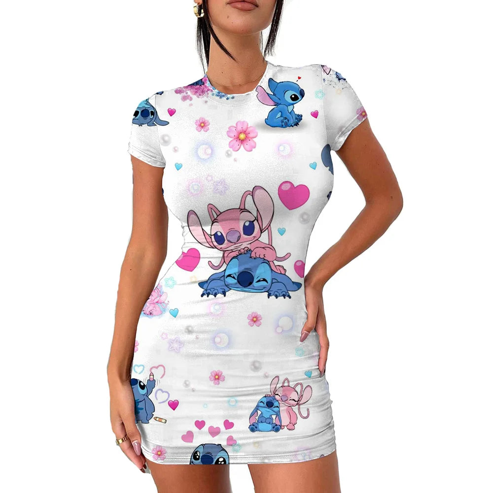 2022 Disney Stitch 3D Cartoon Print Tight Dress Short Sleeve Women's Tight Mini Dress Hip Print Kawaii beach party Women's Dress