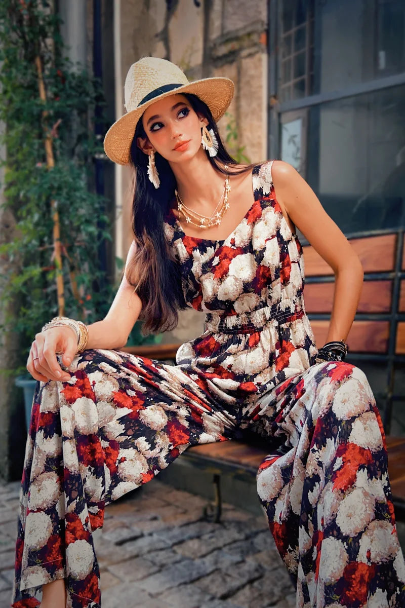 Summer Print Tencel Jumpsuits Women's Clothing Tank Spaghetti Strap+Wide-Leg Pants Draped Full Length Y2K DABUWAWA DM2BJP005