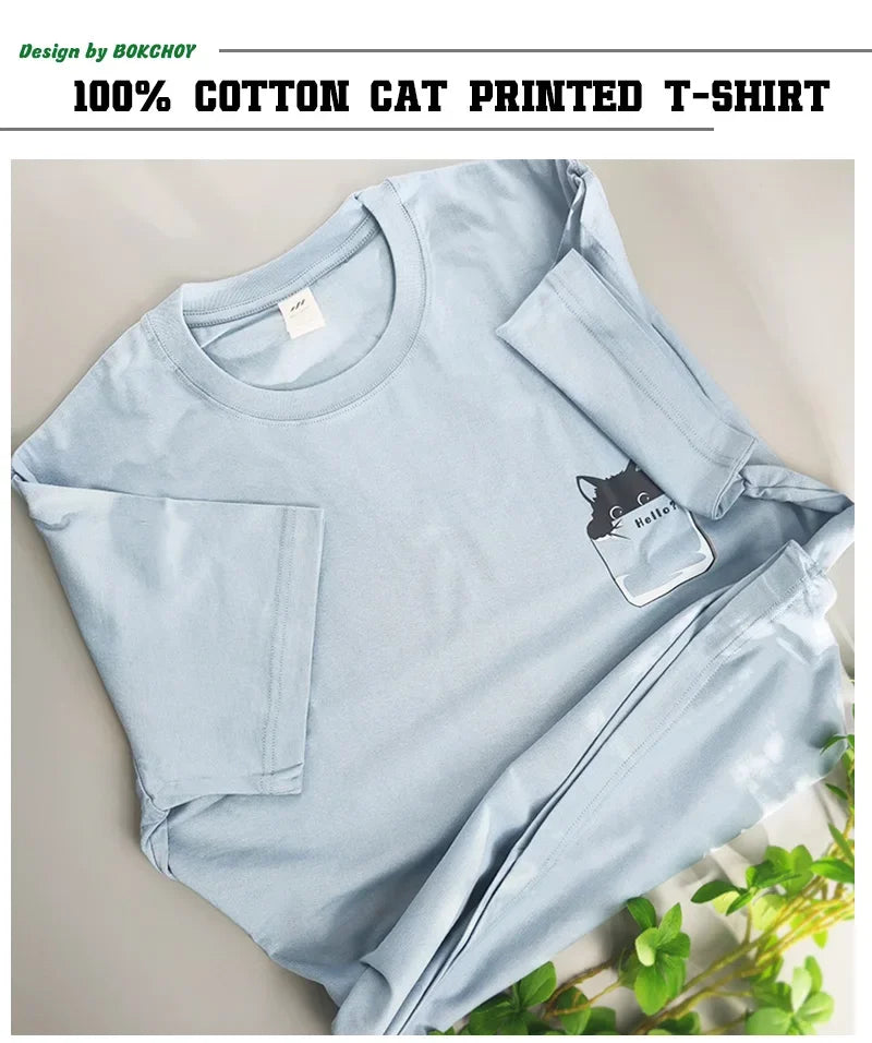 2024 Summer New Pure Cotton Cat Printed Men T-shirts Short Sleeve Casual Solid Color Simple Thin Men Tops BOK0121