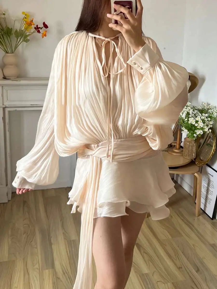 TWOTWINSTYLE Solid Blouse Mini Dresses For Women V Neck Long Sleeve Spliced Lace Up Sweet Style Dress Female Clothing Fashion