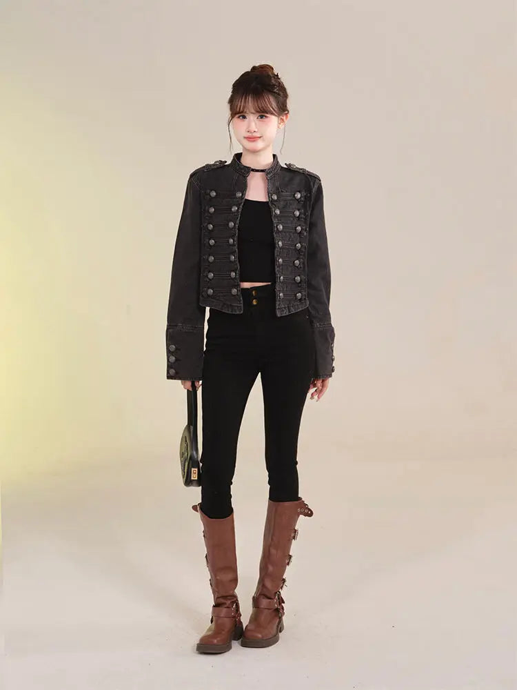 Women's American Retro Denim Military Inspired Cropped Jacket Long Sleeve Stand Collar Casual Motorcycle Coat