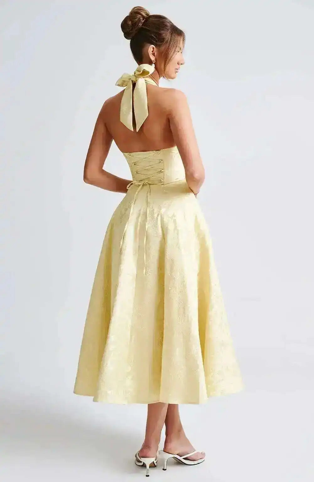 Giyu Club Evening Party Dresses Women 2025 Summer Sexy Bow Halter Long Dress Elegant Jacquard Lace Up Backless Birthday Robe