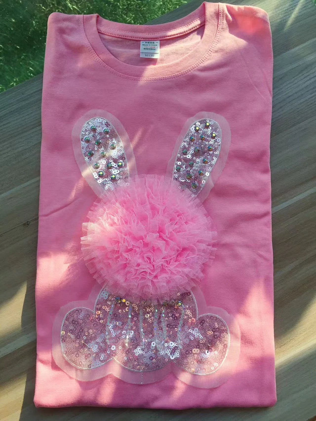 Heavy Industry Rabbit Sequins White Short-Sleeve T-shirt Women Sweet Contrast Color Mesh Cute Flowers Rabbit T Shirt Summer Tees