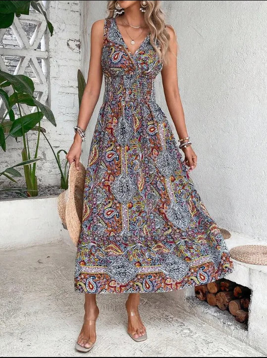 New Fashion Elegant High Waisted Sleeveless Boho Dress Summer Women Print V Neck Casual Long Dresses For Women Robe Femme