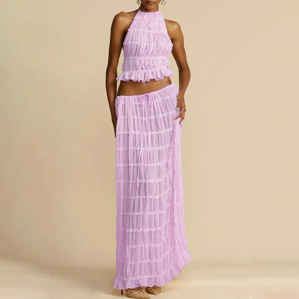 2024 Summer Party Elegant Women Beach Skirt Suit Sleeveless Backless Cropped Halter Lace Up Tops And Long Skirts Two Piece Sets