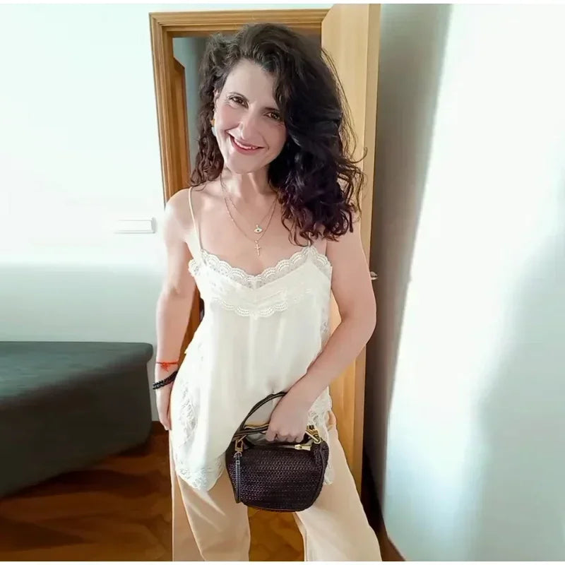 Elegant Stain Lace Tank Women Sleeveless Backless Tube Top Solid Lady Tanks 2025 Fashion Summer Female Strap Outwear