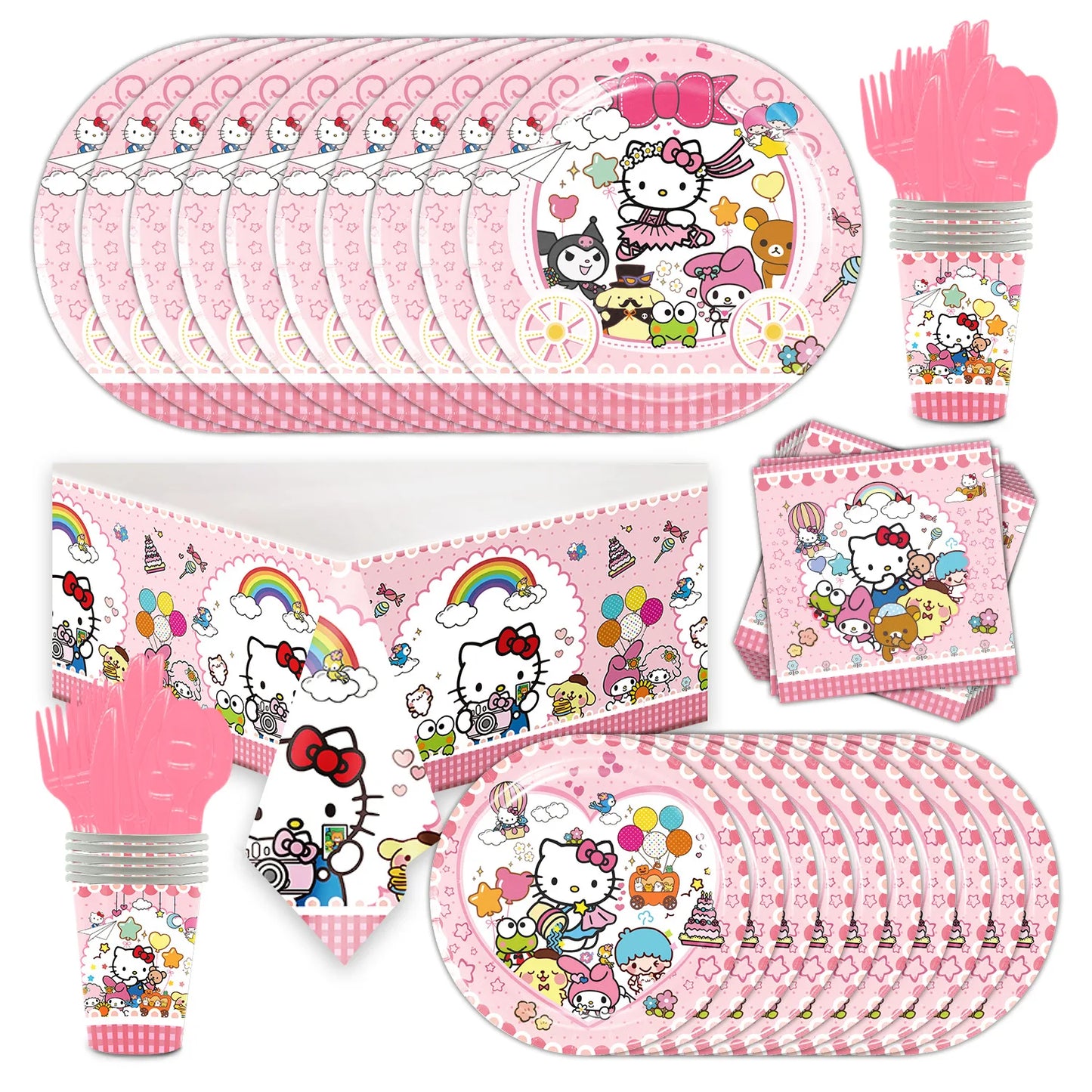kawaii Sanrio Birthday Party cutlery plate Disposable Banner Cake Topper Hanging Flag Hello Kitty Balloons Birthday Decorations