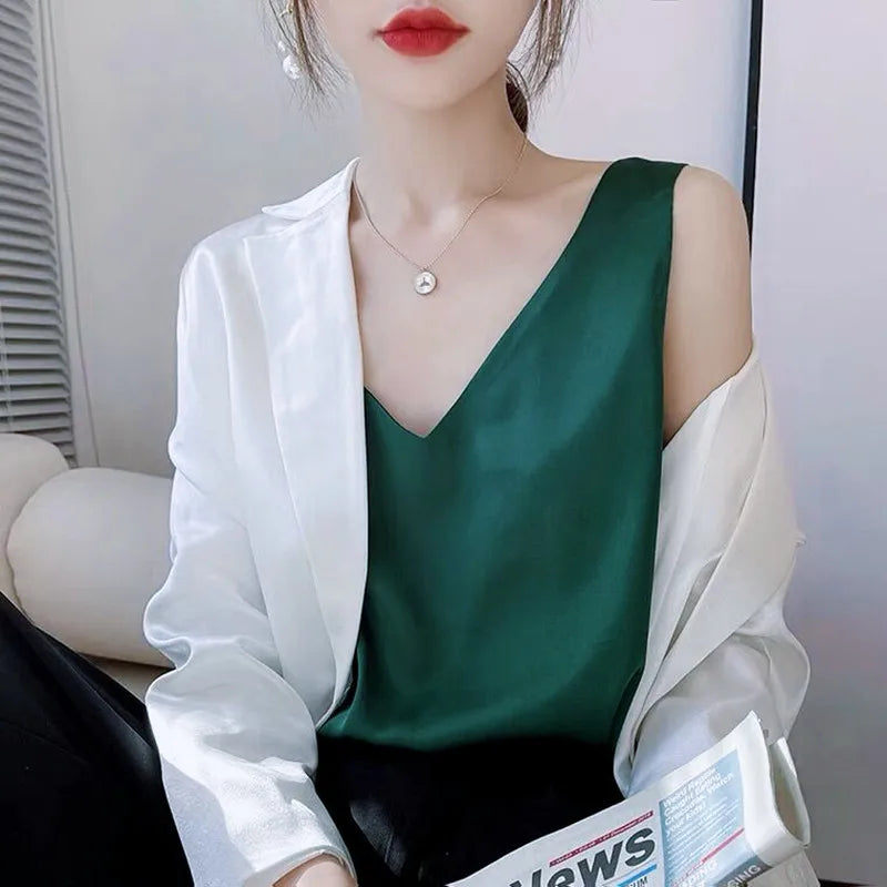 Acetate satin Camisole Women's V-neck Silk Satin vest Top elegant wild Avocado Green white black tank Women Crop Tops
