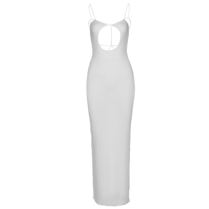 Combhasaki Womens Solid Color Thin Spaghetti Straps Backless Round Cutout Hole Slim Fit Suspender Party Club Slim Fit Long Dress