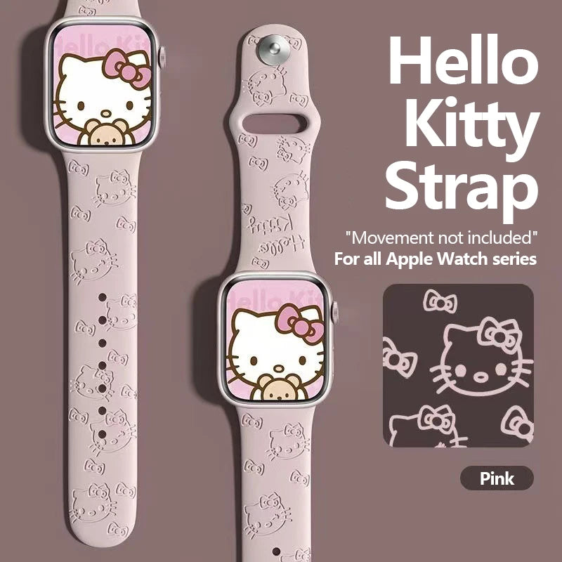 ハローキティとスティッチのシリコンバンド、Apple Watch用、38-45mm、Saniro製、3Dレーザー彫刻、iWatchシリーズSE、7、5、6、8、9、Ultra 2対応
