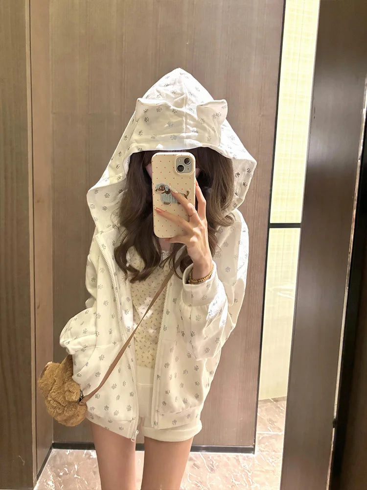 Cat's Ears Hooded Sweatshirts Women's Clothing Cute Y2k Tops 2025 Roap Mujer Cartoon Print Casual Fashion Japanese Hoodie Coat