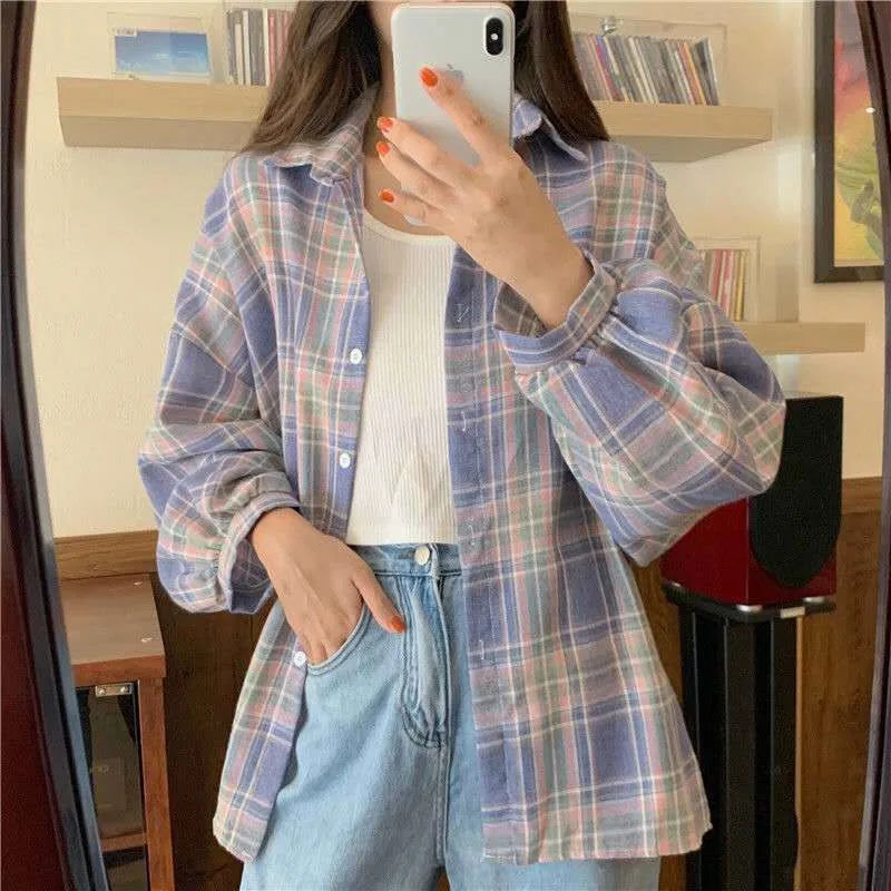 Women Tartan Shirt Long Sleeve Collared Button Up Oversized Plaid Shirt Jacket Grunge Fashion Teenage Girl Spring Summer Outfit
