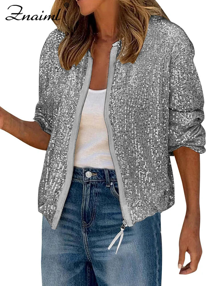 Znaiml Women Luxury Sequin Jacket Y2k Harajuku Green Color Zipper Long Sleeve Short Coat Autumn Winter Ladies Night Clubwear New