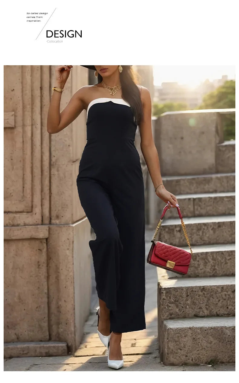 Women's Elegant Sleeveless Jumpsuits Summer High Waist Wide Leg Rompers Fashion Black White Splice Off Shoulder Party Playsuits