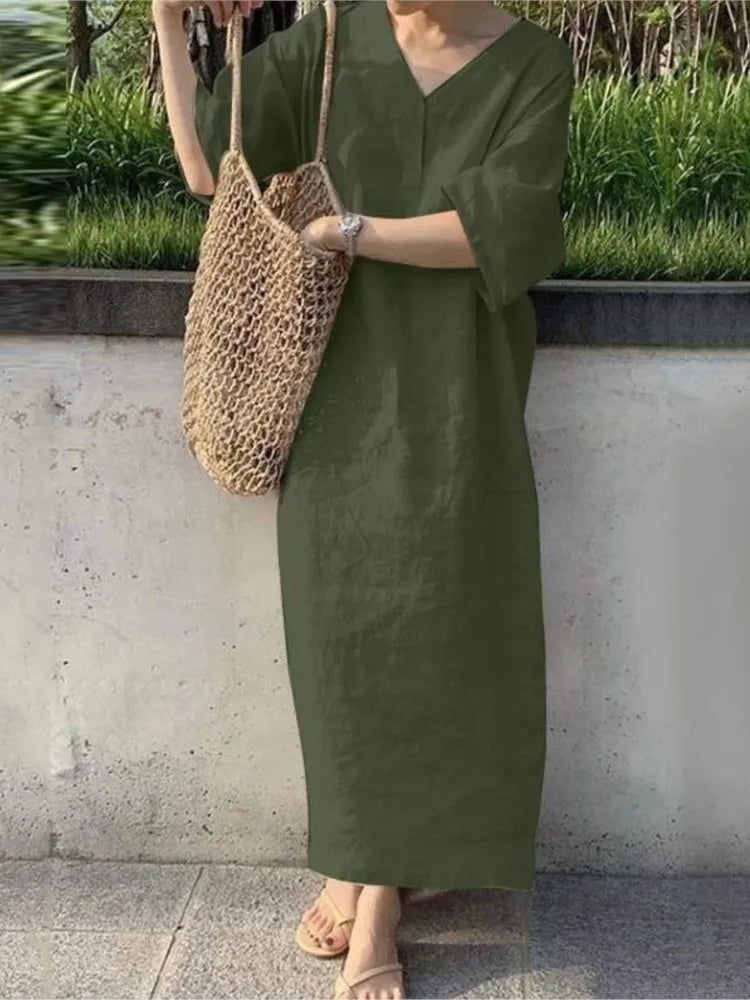 Women V Neck Button Short Sleeve Loose Maxi Dresses Summer Casual Female Holiday Beachwear Solid Color Cotton Linen Party Dress