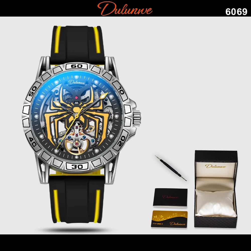 Dulunwe Luxury Brand Hollow Spider Luminous Waterproof Automatic Watch Men's Watch Tourbillon Mechanical Automatic Winding