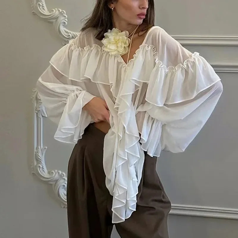 Talenza White Chiffon Shirt Women's Summer V-Neck Sexy See Through Shirt Beach Blouse Fashion Ruffle Patchwork Female Blouse Top