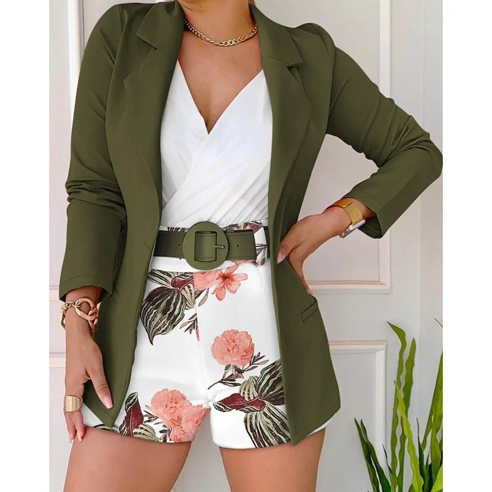Summer Women 2 Pieces Outfit Long Sleeve Blazer and Floral Print Casual Shorts Set With Belt