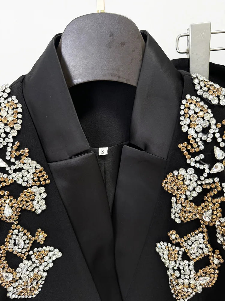 HIGH STREET Newest 2024 Designer Suit Women Beaded Diamonds Stand Collar Single Button Blazer Wide-leg Pants Set 2PCS