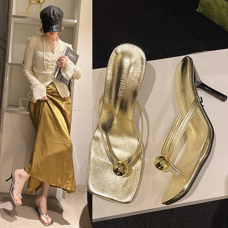 Women High Heels Slippers Designer Heeled Sandals Elegant Shoes Woman Summer 2025 Trend Fashion Fliop Flops Casual Slides Muje