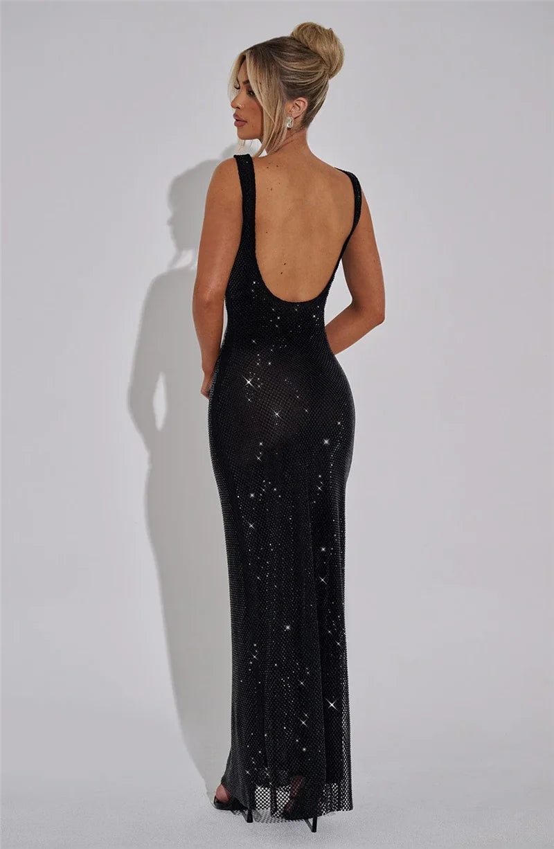 Mozision Sequins Backless Sexy Maxi Dress For Women Gown Fashion Sparkle Square Collar Sleeveless Bodycon Club Long Dress