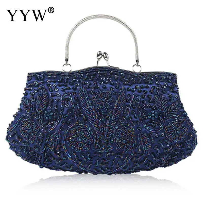 Crystal Beaded Evening Party Clutch Handbag Women Floral Printing Soft Tote Bags Metal Top Handle Wedding Brides Messenger Purse