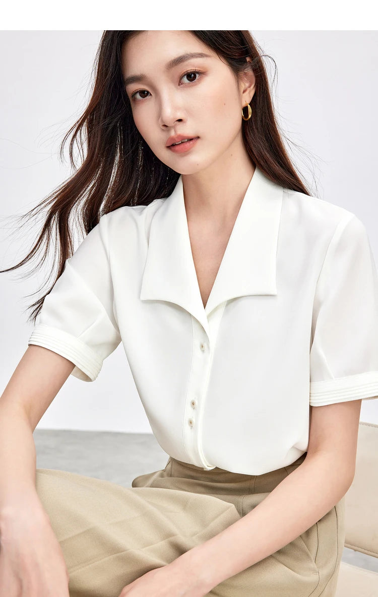 SENTUBILA Turn Down Collar Shirt Women Summer 2025 Twill Texture Chic Button Short Sleeve Elegant Solid Woman Blouse 152C87931