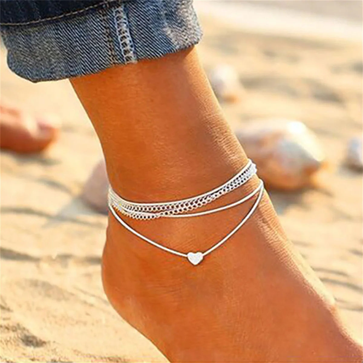 Simple Heart Female Anklets Barefoot Crochet Sandals Foot Jewelry Leg New Anklets On Foot Ankle Bracelets For Women Leg Chain