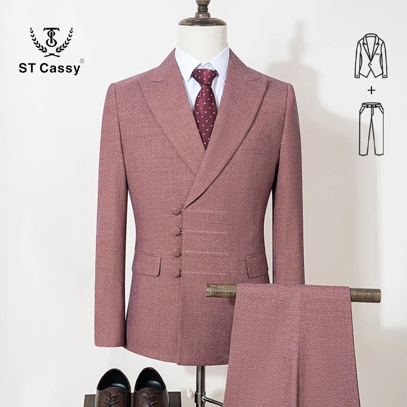 ST Cassy Elegant man suit for wedding peach Slim Fit Double Breasted Multiple buttons Casual Business man 2 piece outfit set