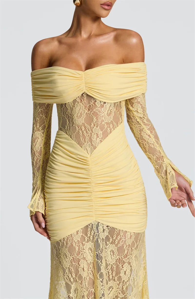 Mozision Off-shoulder Long Sleeve Sexy Maxi Dress Women Fashion Lace See Through Strapless Backless Bodycon Club Party Dresses
