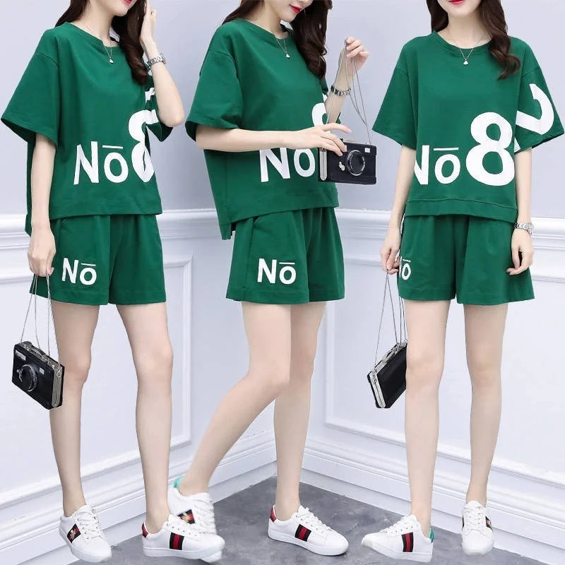 Casual suit women's shorts sportswear summer new 2025 fashion fat MM large size short-sleeved T-shirt two-piece set trendy
