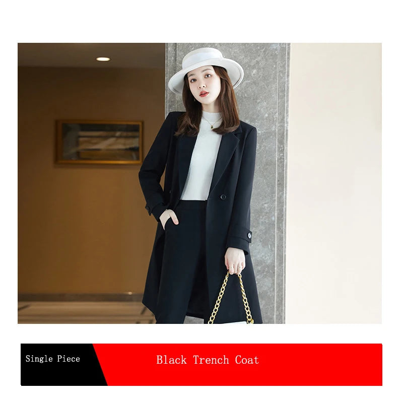 2022 Winter High-end Women's Business Suit Pants Two-piece Set Temperament Slim Solid Color Lady Double Breasted Trench Coat
