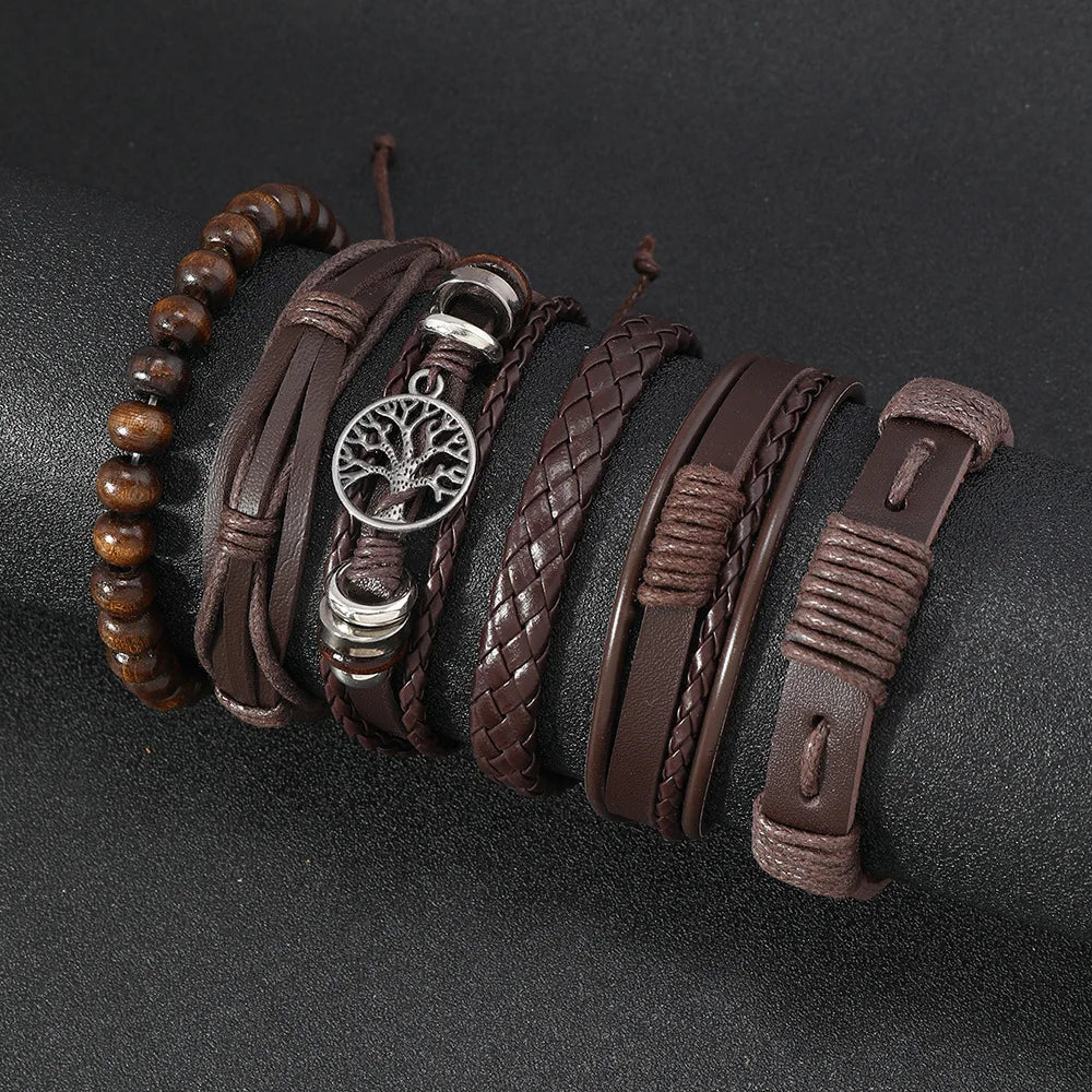 Red 6 Pc/set Tree Black Wrap Woven Handmade Wood Beads Bracelets Male Women Leather Bracelets Men Bangle Wholesale Jewelry Gift