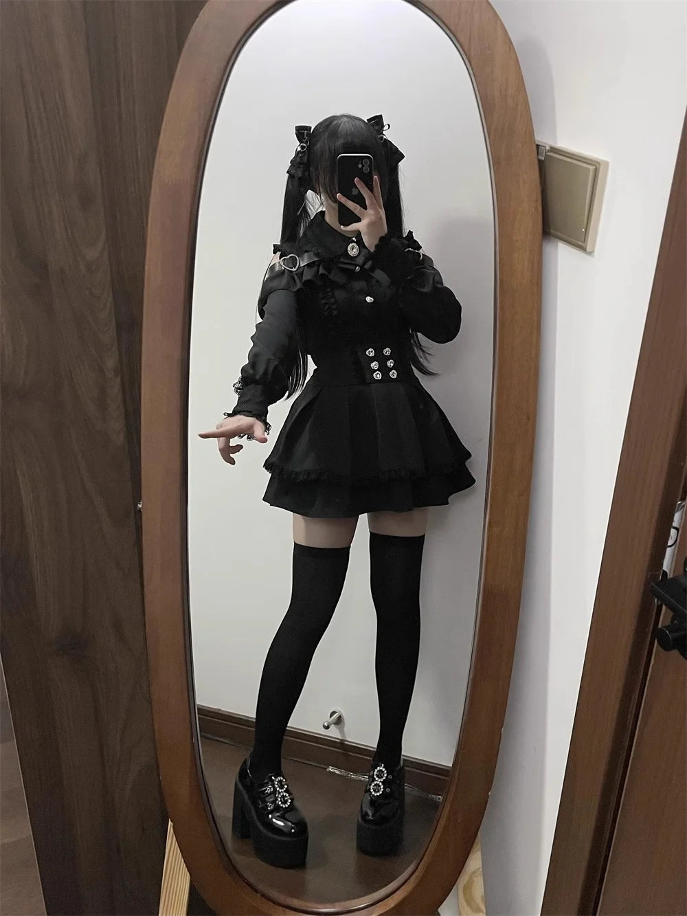 Kawaii Off Shoulder Long Sleeve Shirts Women Black Short Skirt Set Y2K Gothic Ruffle Skirts Lace Lolita Shirt Gown Suit 