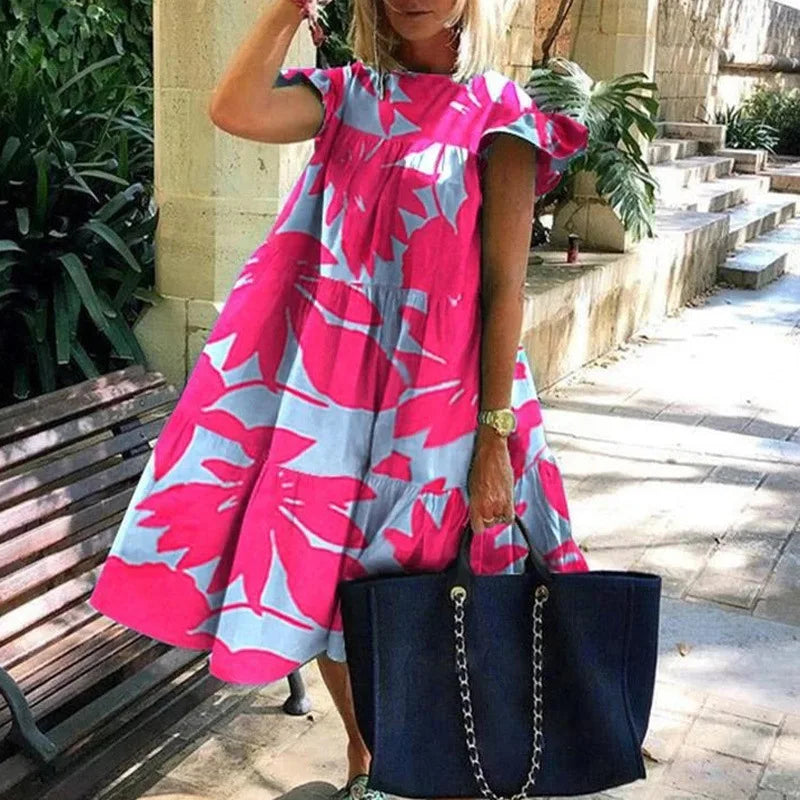 Summer Fashion Boho Print Dress Lady Casual O-Neck Pullover Ruffles Short Sleeve Loose Dresses For Women Holiday Beach Dress New
