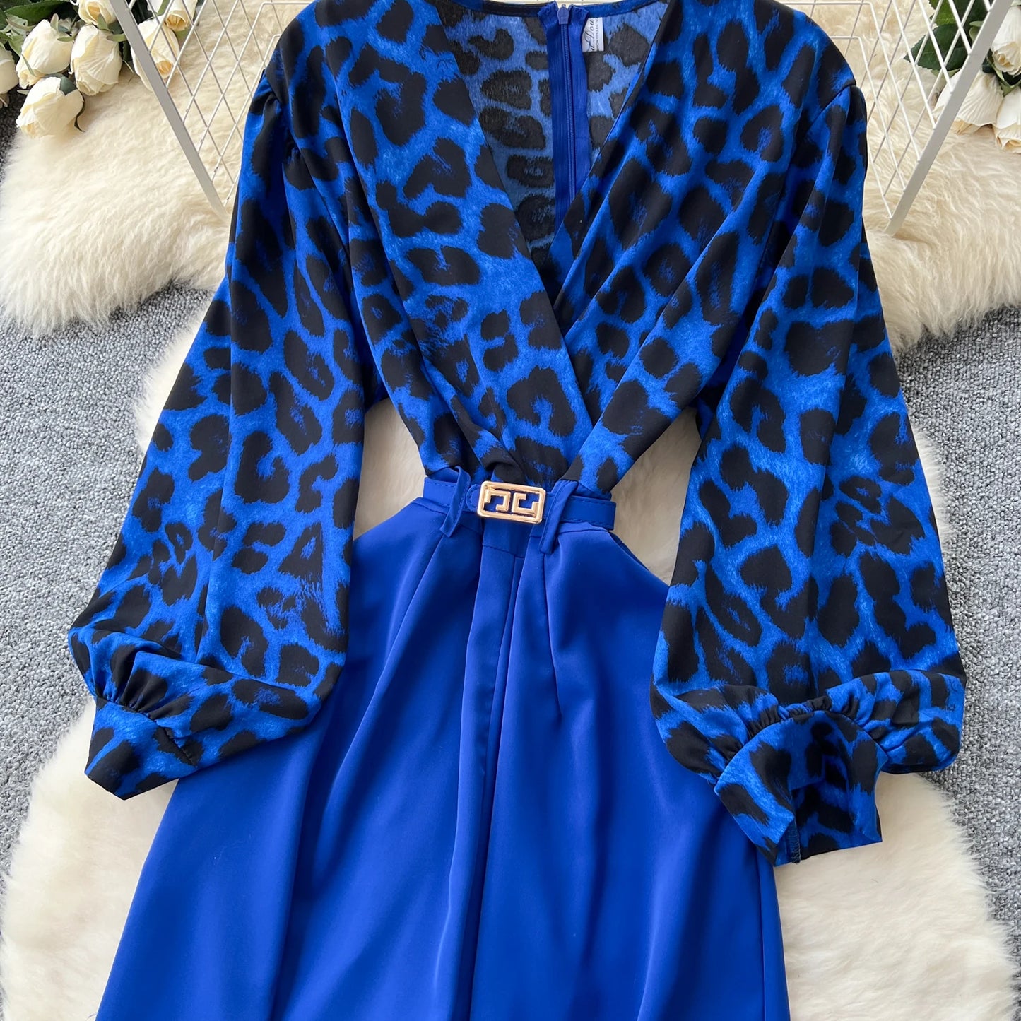 SINGREINY Autumn Leopard Long Jumpsuits V Neck Long Sleeves Belt Wide Legs Pants Women American Retro Senior Office Lady Rompers