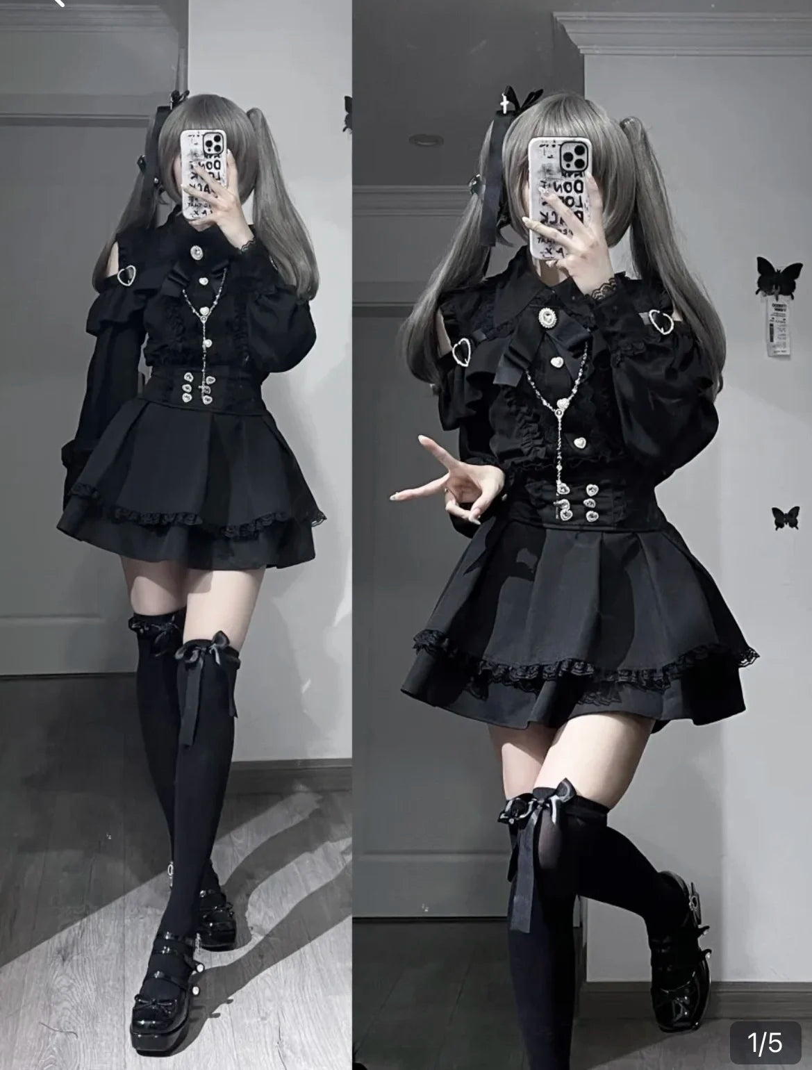 Kawaii Off Shoulder Long Sleeve Shirts Women Black Short Skirt Set Y2K Gothic Ruffle Skirts Lace Lolita Shirt Gown Suit 